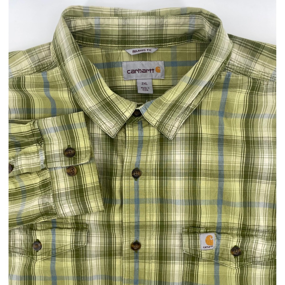 Carhartt Button Down Shirt Men 2XL Green Plaid Relaxed Fit Long Sleeve Outdoor